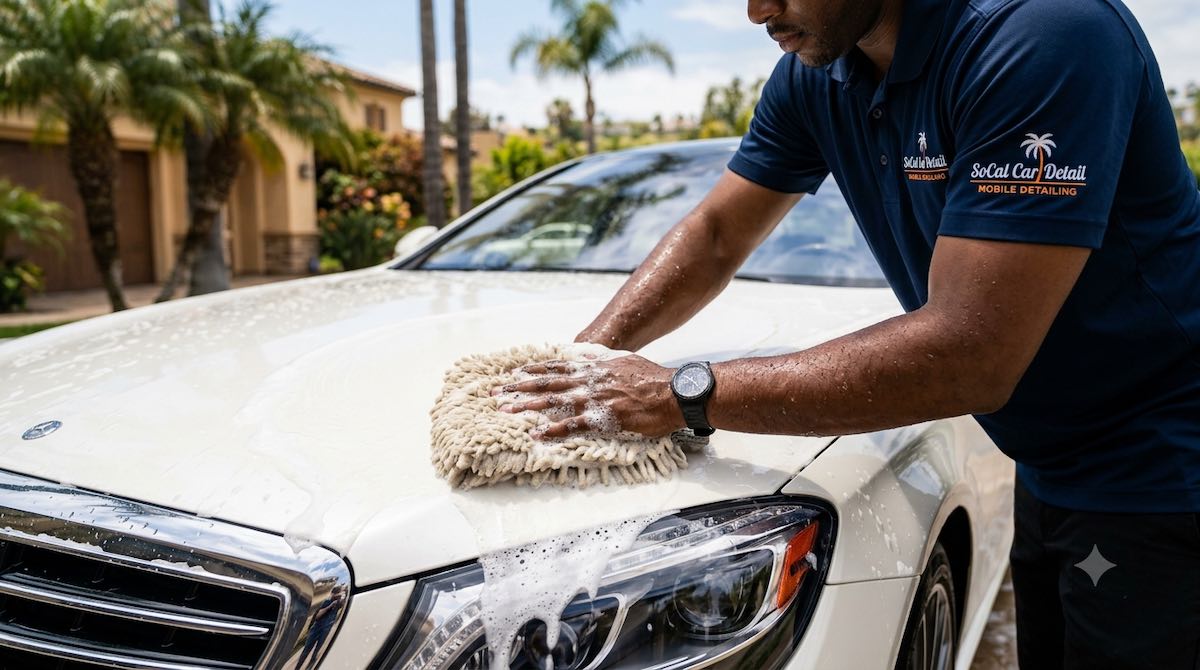 Professional hand washing a luxury car in Los Angeles